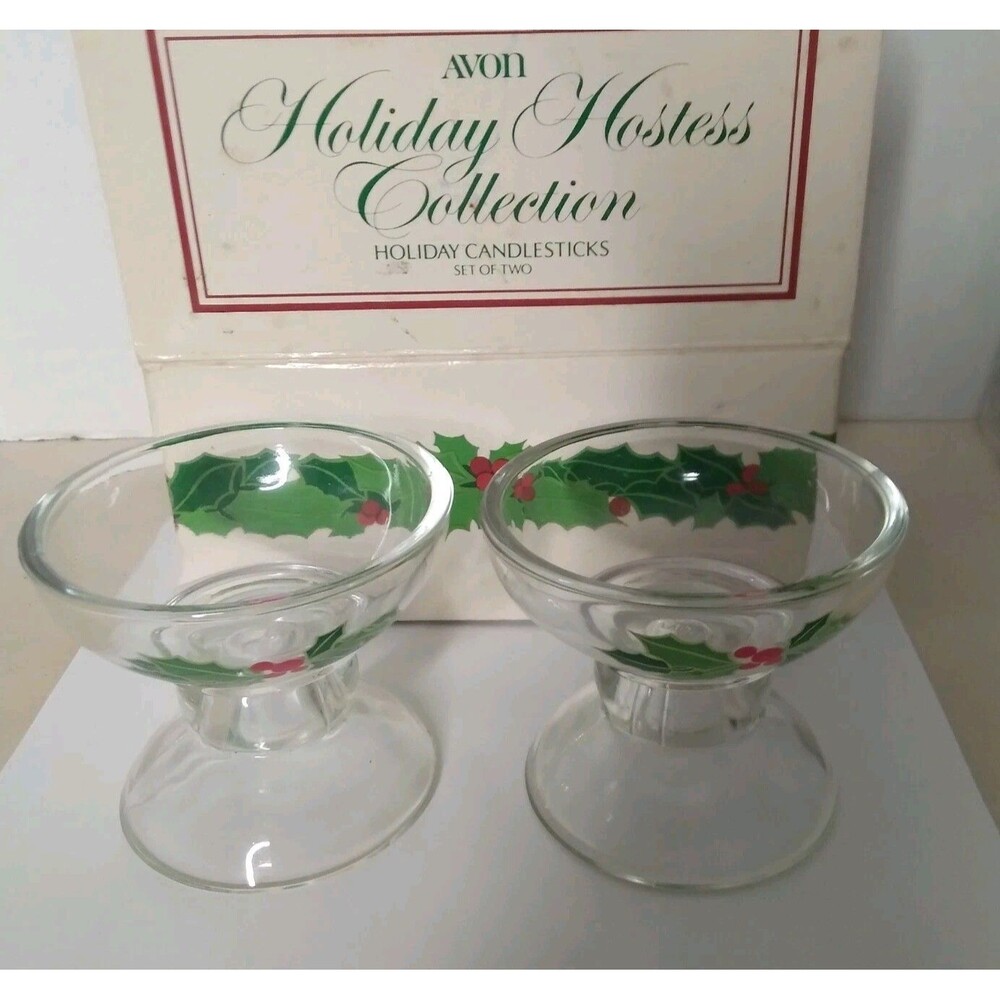 Vintage Holly Candlestick Holders Glass Leaves Berries Holiday Christmas 1981